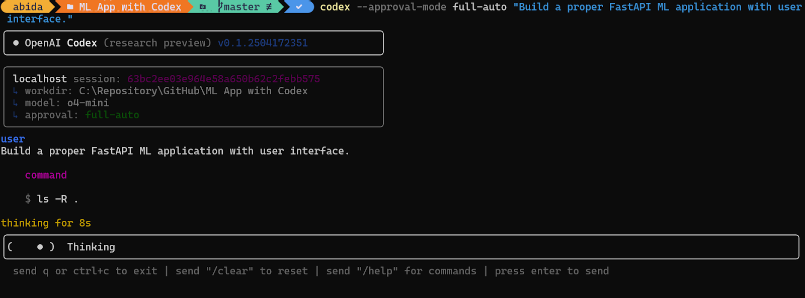 running codex command in full-auto approval mode