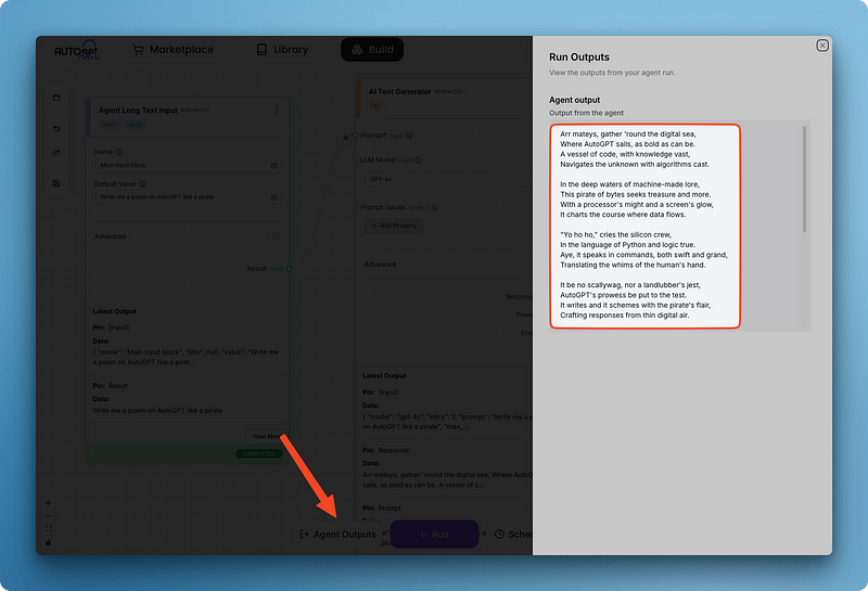 Die AutoGPT-Benutzeroberfläche zeigt den Bereich "Agent Outputs", der alle KI-Antworten an einem Ort zusammenfasst und so die Überprüfung und den Vergleich mehrerer Outputs aus verschiedenen Blöcken deines Workflows erleichtert.
