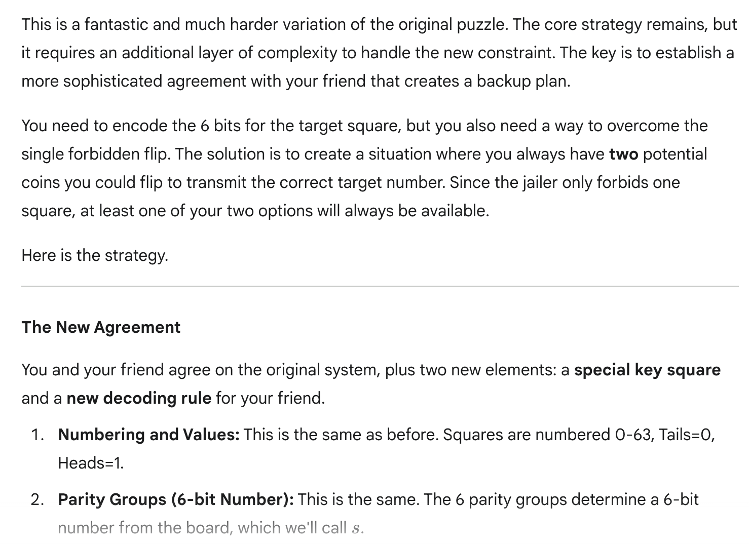 New strategy explaining a complex logic puzzle solution, featuring a special key square and decoding rule, with numbering and parity groups for encoding.