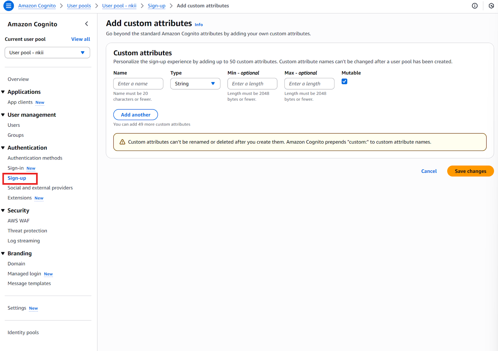 Attributs personnalisés d'inscription aux pools d'utilisateurs AWS Cognito