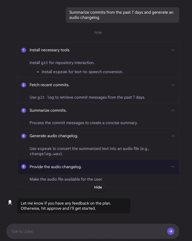 google jules audio changelog