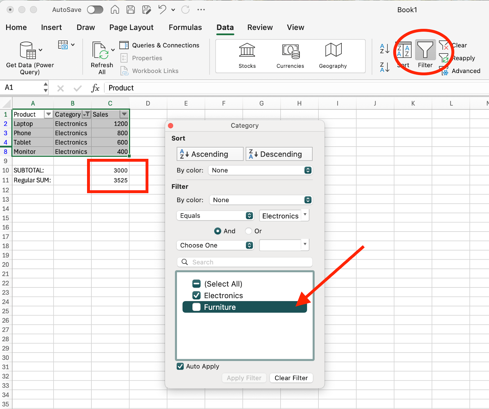 filtering a dataset with SUBTOTAL