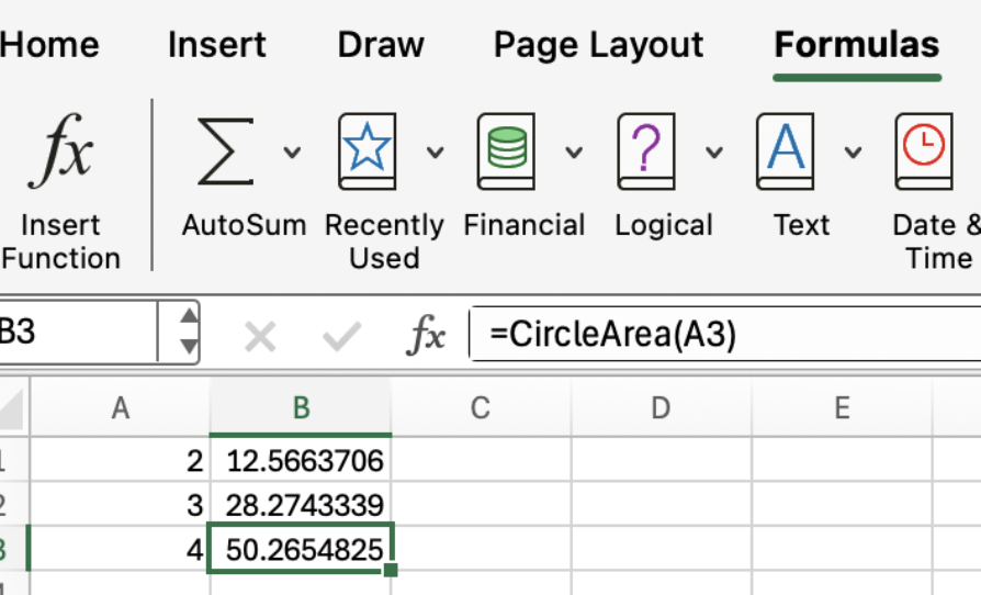 Função LAMBDA do Excel para uma área de círculo