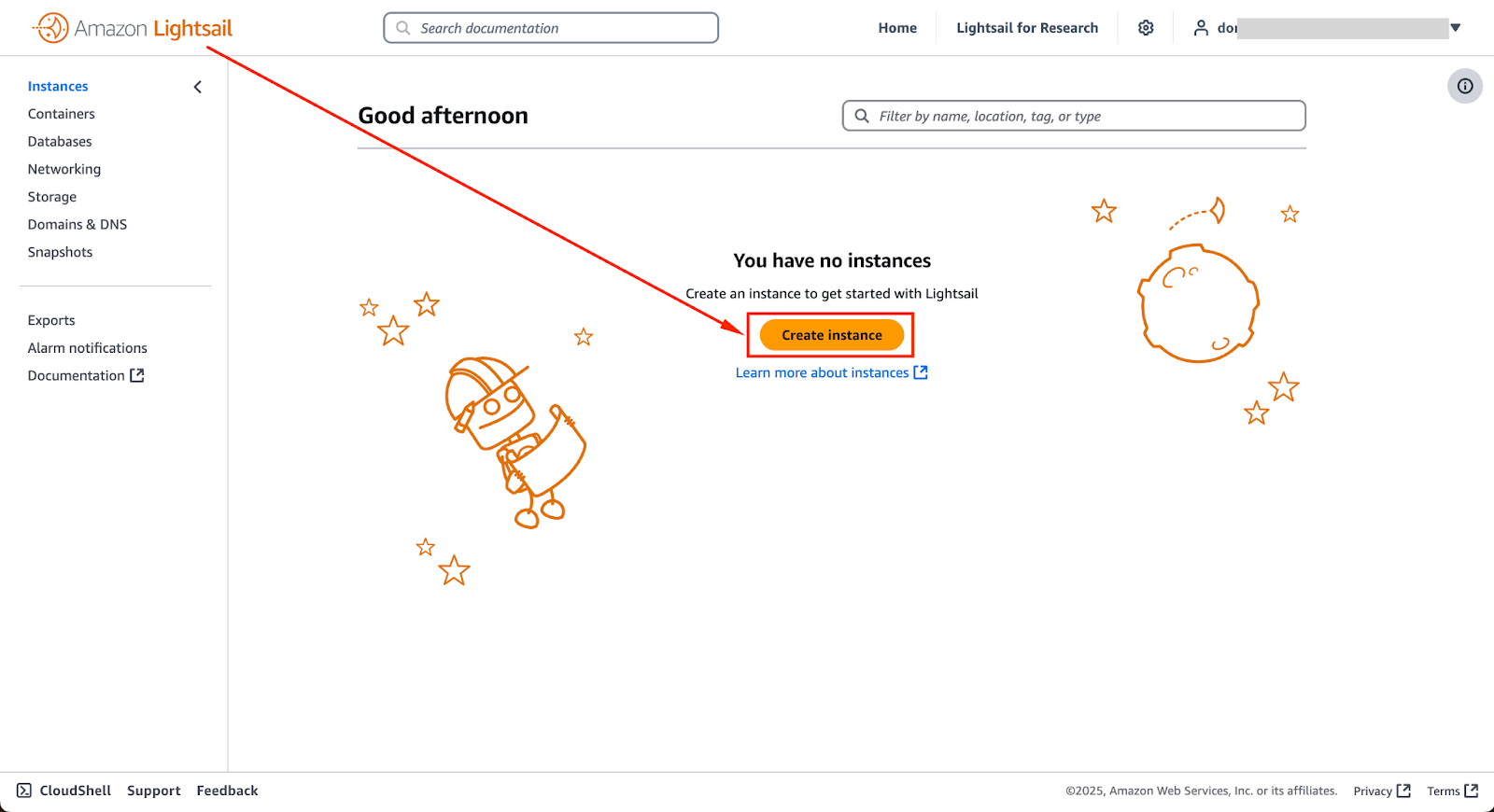 La console AWS Lightsail affiche une option "créer une instance".