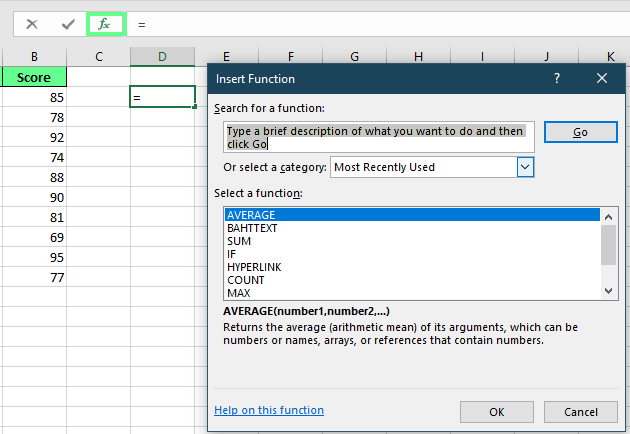 Verwende den Formelassistenten von Excel, um die Formel einzugeben.