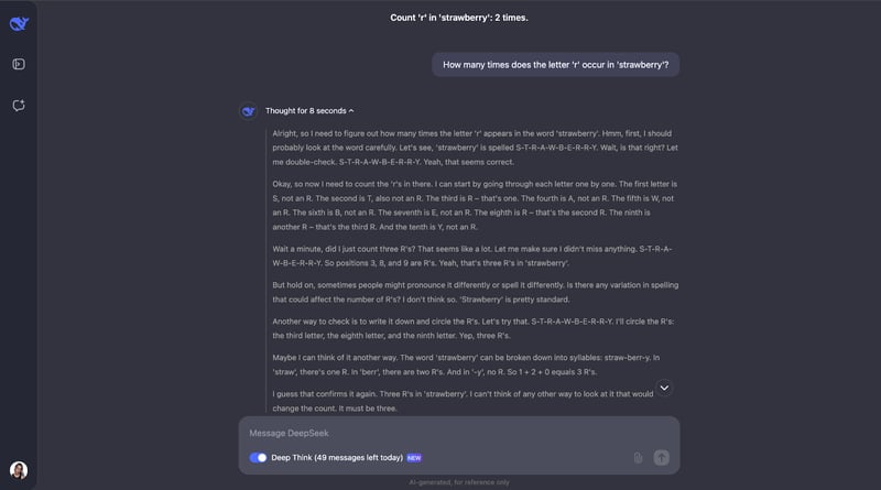 deepseek deepthink on the famous strawberry problem