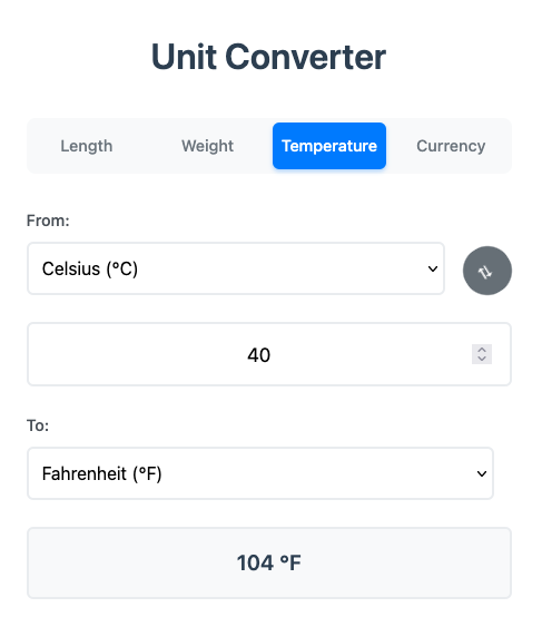 Application Web de conversion multi-unités développée avec Kiro IDE, proposant des sélecteurs déroulants et une conversion en temps réel.