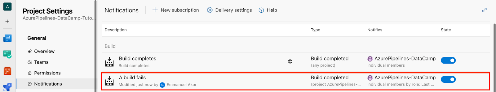 Interface Azure DevOps montrant la section Notifications avec la description de la construction pour la notification "A build fails" créée précédemment.