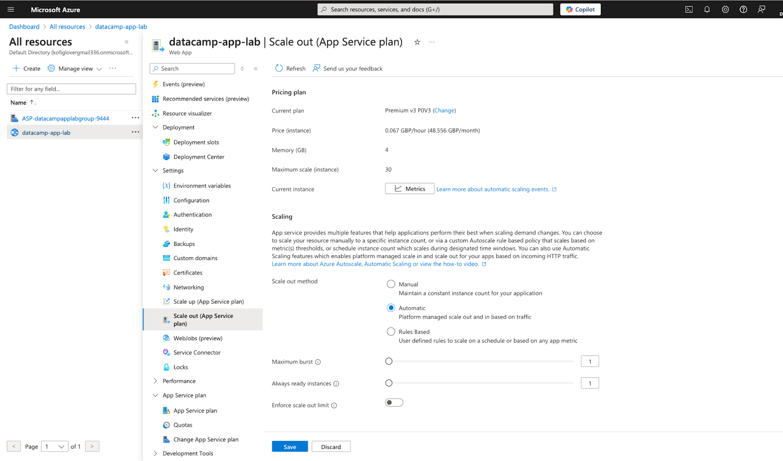 Dimensionamento e plano do Serviço de Aplicativo do Azure