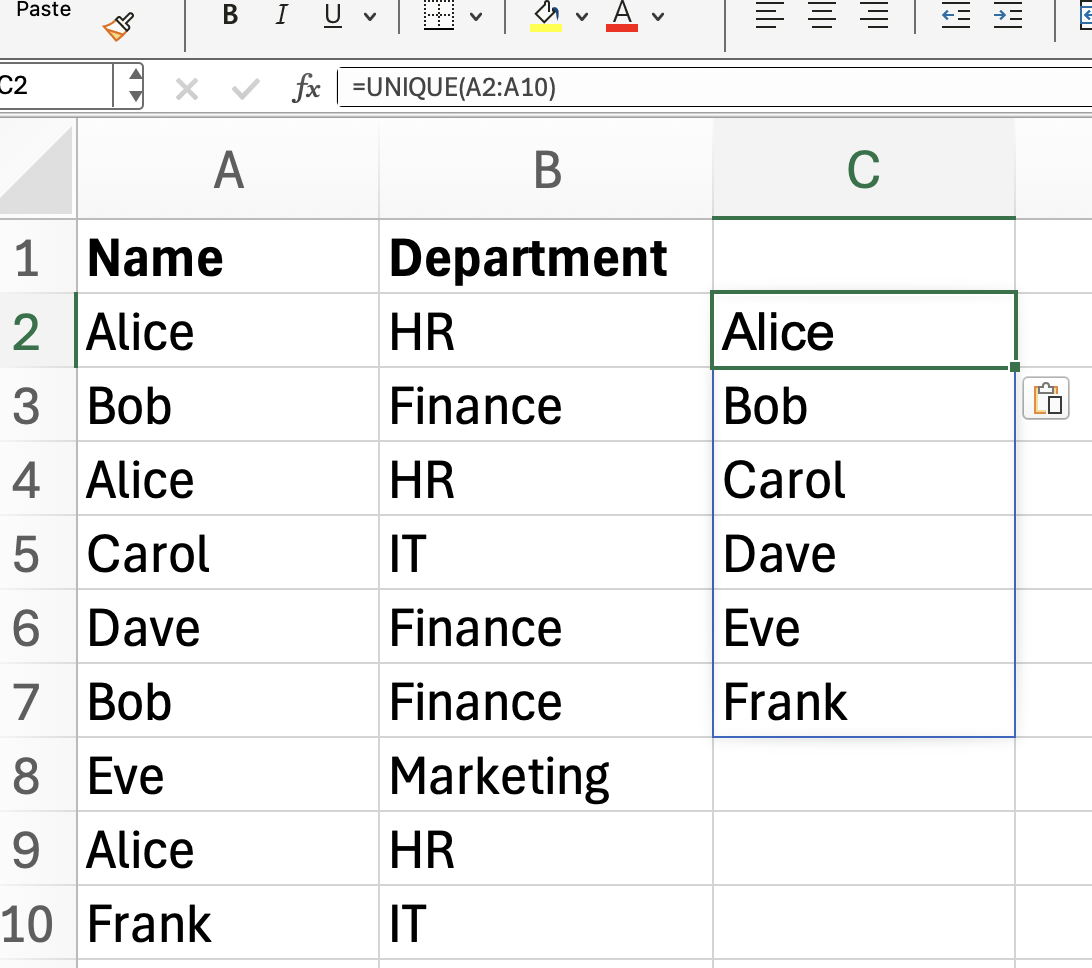 Fonction UNIQUE d'Excel avec deux colonnes