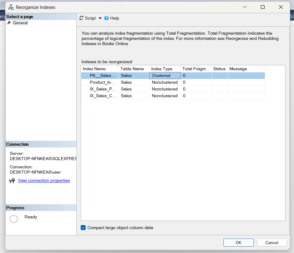 Select the indexes to reorganize, then confirm.
