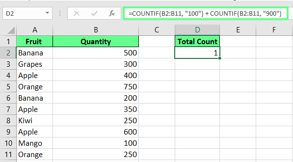 Aplicar a lógica OR usando a função CONT.SE no Excel.