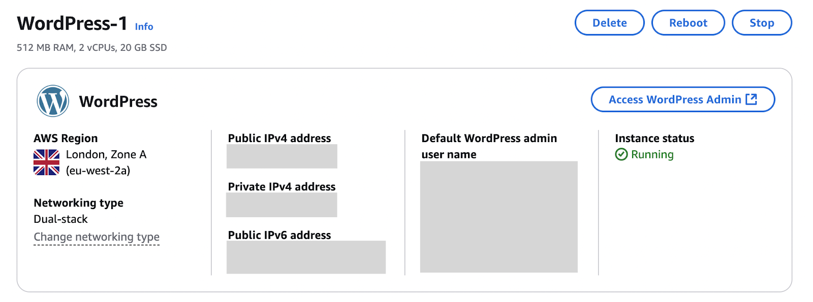 Instance WordPress utilisant AWS Lightsail dans un état prêt.