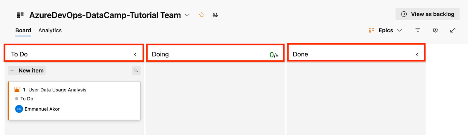 Visualize your progress easily:

Azure DevOps helps you see the status of your work items and move them through different stages (e.g., To Do, Doing, Done).

Use the Board view to see work items organized in columns.

This feature helps you efficiently track and manage the progress of your tasks within Azure DevOps.