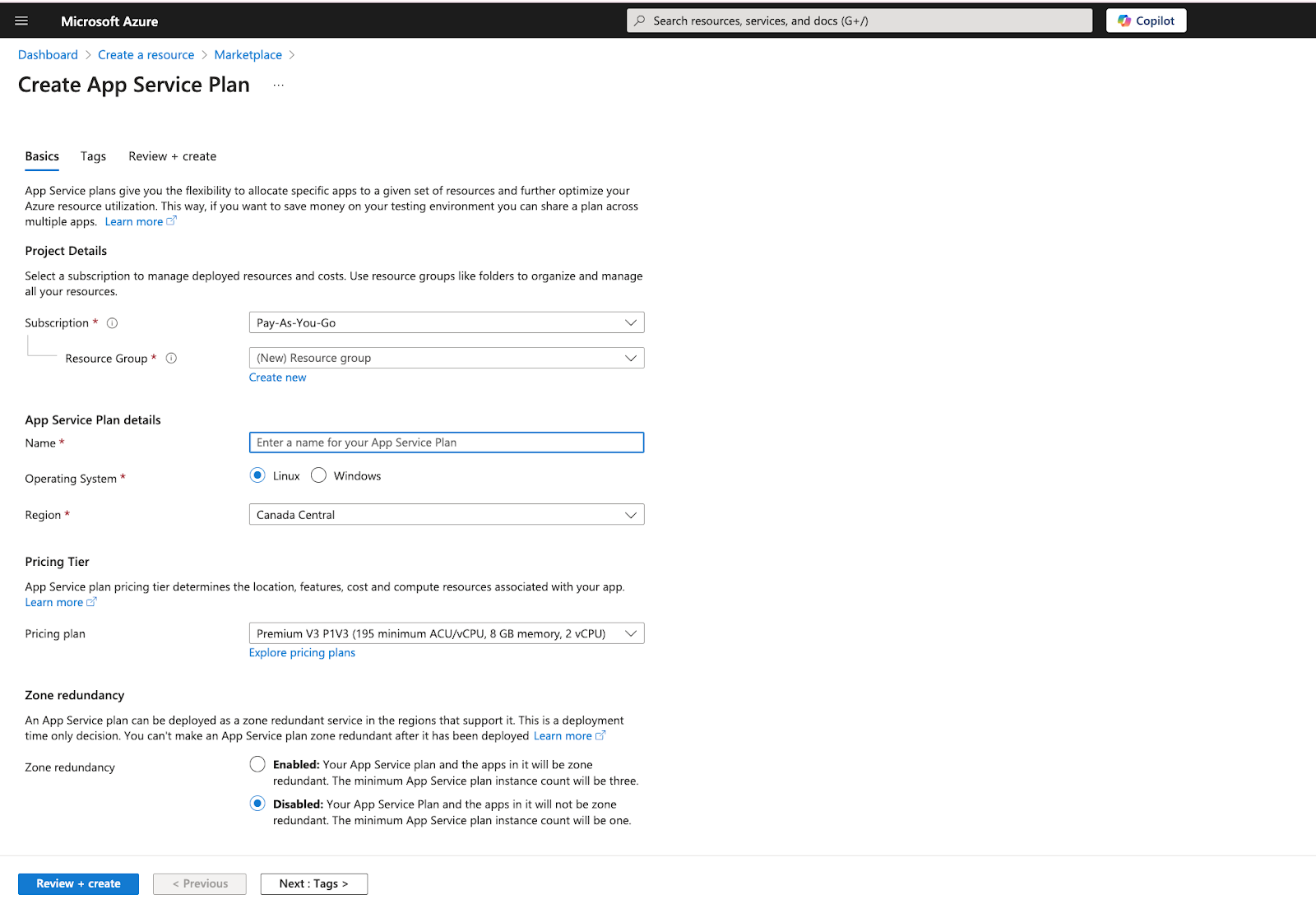 Criando um plano do Serviço de Aplicativo no portal do Azure.