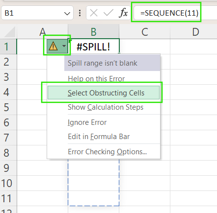 Checking #SPILL! error warning in Excel