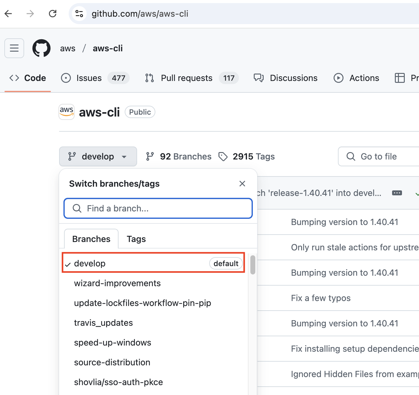 "develop" is the default branch for the "aws-cli" GitHub repository.