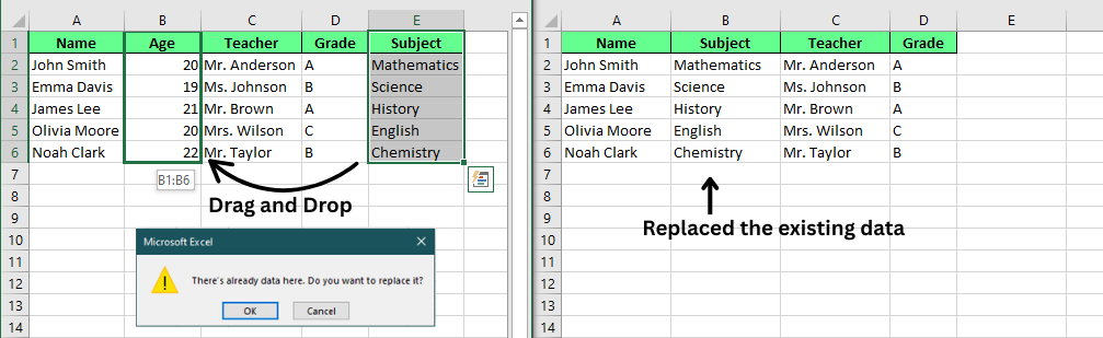 Drag and drop to move a single column in Excel.