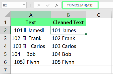 Combining TRIM() and CLEAN() functions to remove characters and extra spaces in Excel
