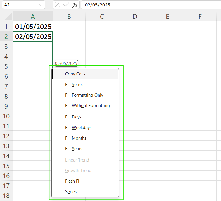 Excel AutoFill Options for dates