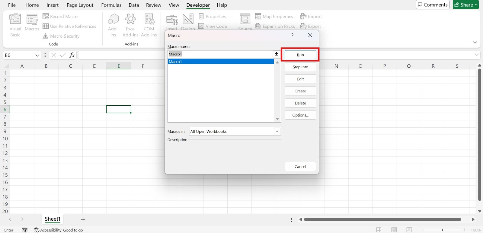 Running macros from the Developer tab