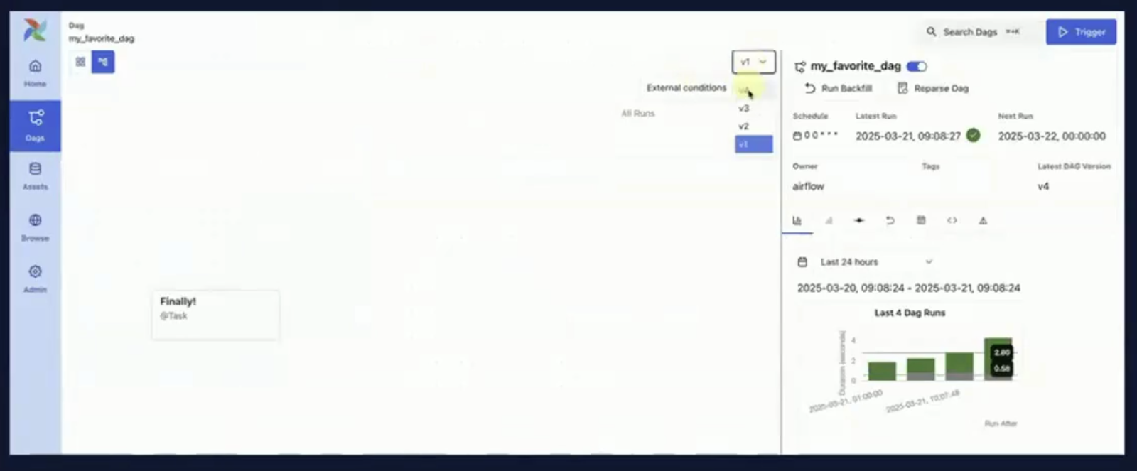 Captura de pantalla de la orquestación DAG con un desplegable del historial de versiones.