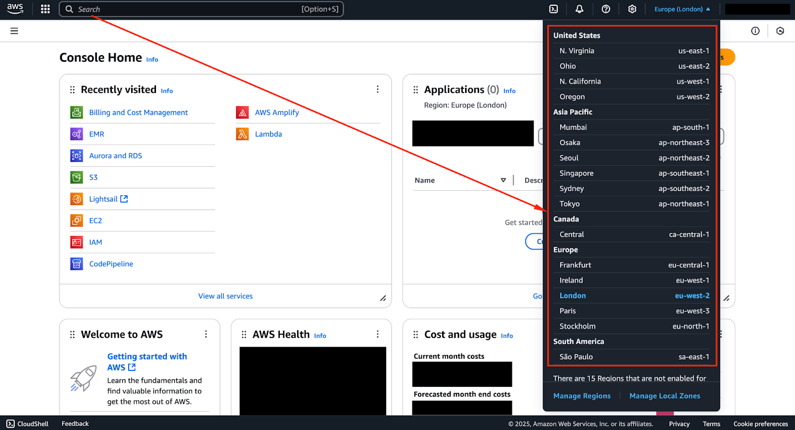 Capture d'écran de la console de gestion AWS montrant les régions AWS disponibles.