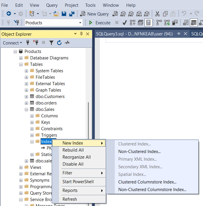 Open the Index folder and right-click to create a new index.
