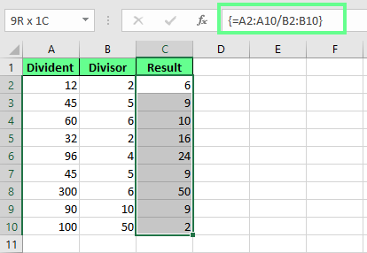 Dividieren von Zahlen mit der Array-Formel in Excel