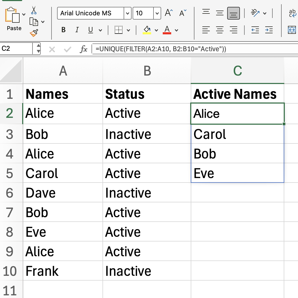 Excel UNIQUE avec FILTRE