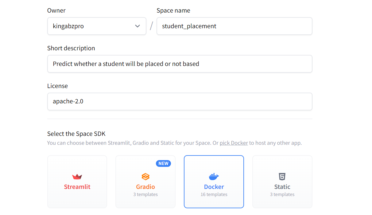 Creating the Hugging face Spaces using the Docker SDK.
