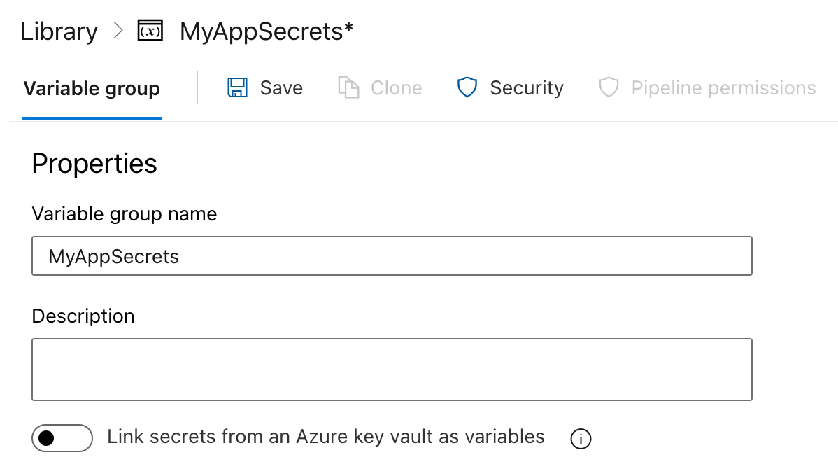 Interface Azure DevOps montrant le bouton Ajouter un groupe de variables et un champ pour saisir le nom du groupe de variables, par exemple MyAppSecrets.