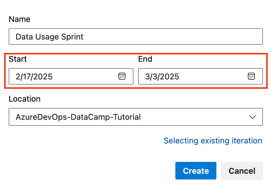To set up your sprint, add the start and end dates:

Input the start date and end date for the sprint.

This simple process helps you efficiently plan and manage your sprints within Azure DevOps.