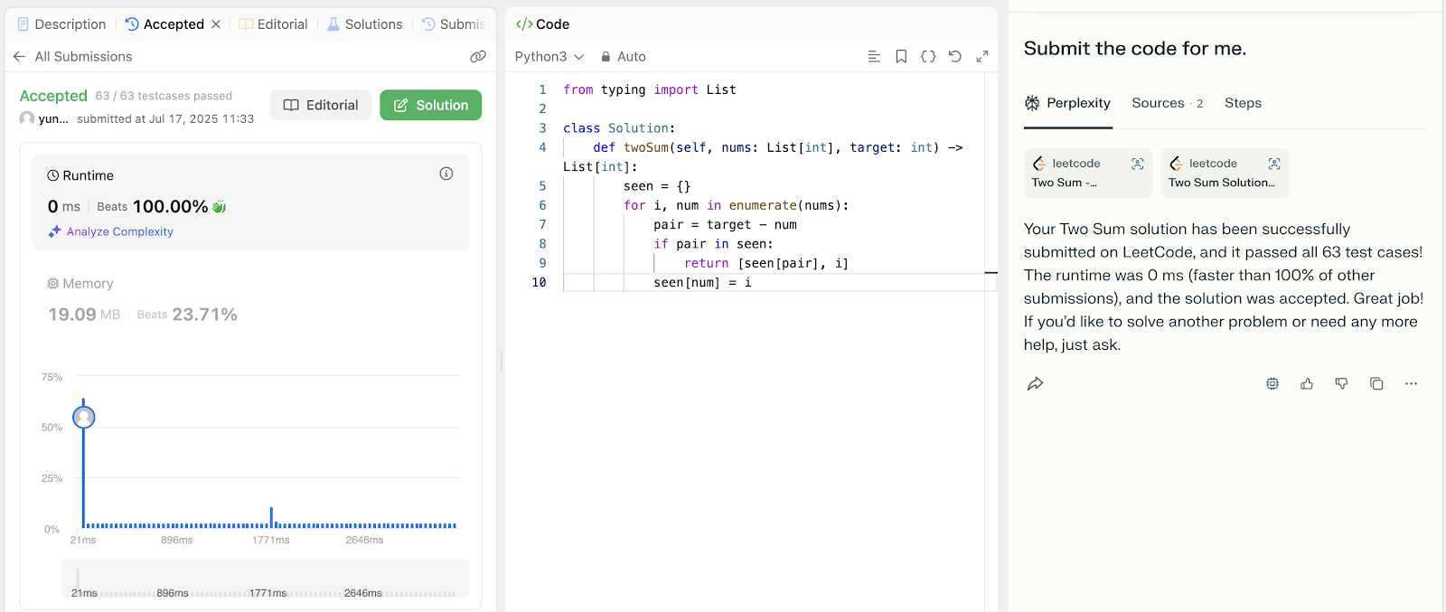 Solución de LeetCode para el problema «Two Sum» que muestra el estado aceptado con 63 casos de prueba superados, 0 ms de tiempo de ejecución y editor de código Python con el código de la solución.