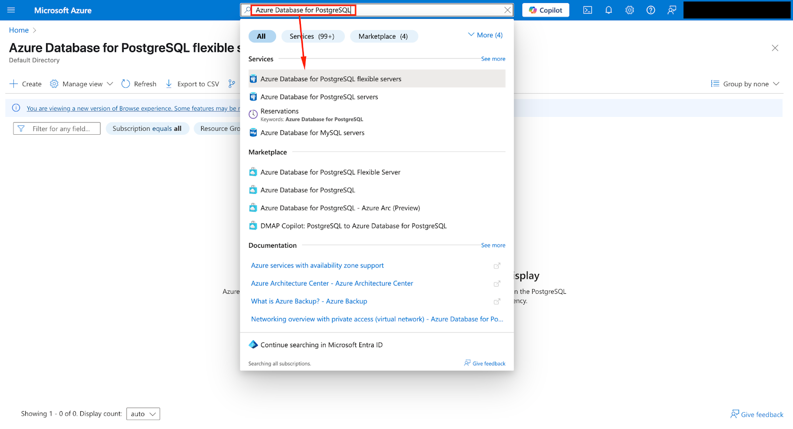 Imagem com uma captura de tela da interface do Portal do Azure mostrando as etapas para criar um novo servidor flexível PostgreSQL (01).