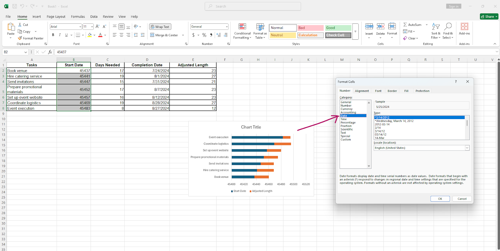 Wähle die Daten im Diagramm aus und ändere das Format wieder in "Datum".