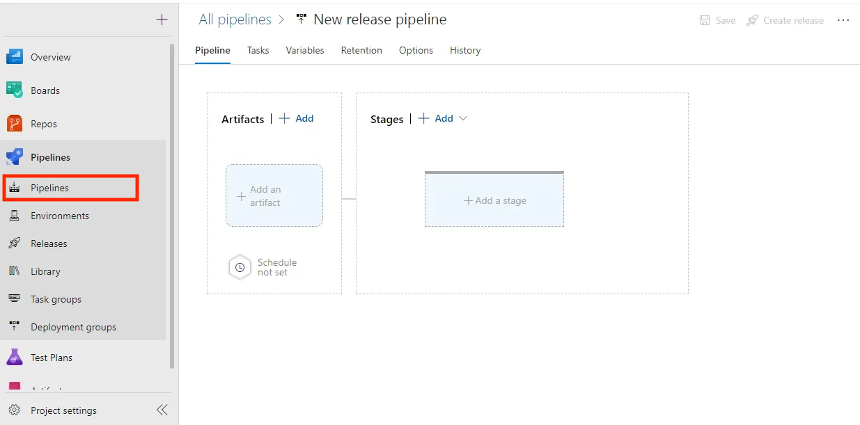 Navigate to the Pipelines section within your Azure DevOps project:

Open your Azure DevOps project.

In the left-hand menu, click on Pipelines.

This section allows you to manage your build and release pipelines efficiently.