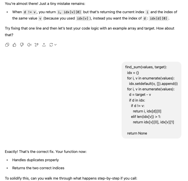 Trecho de código mostrando uma função find_sum com lógica para encontrar dois índices em uma lista que somam um valor alvo, com detalhes sobre como lidar com valores duplicados.