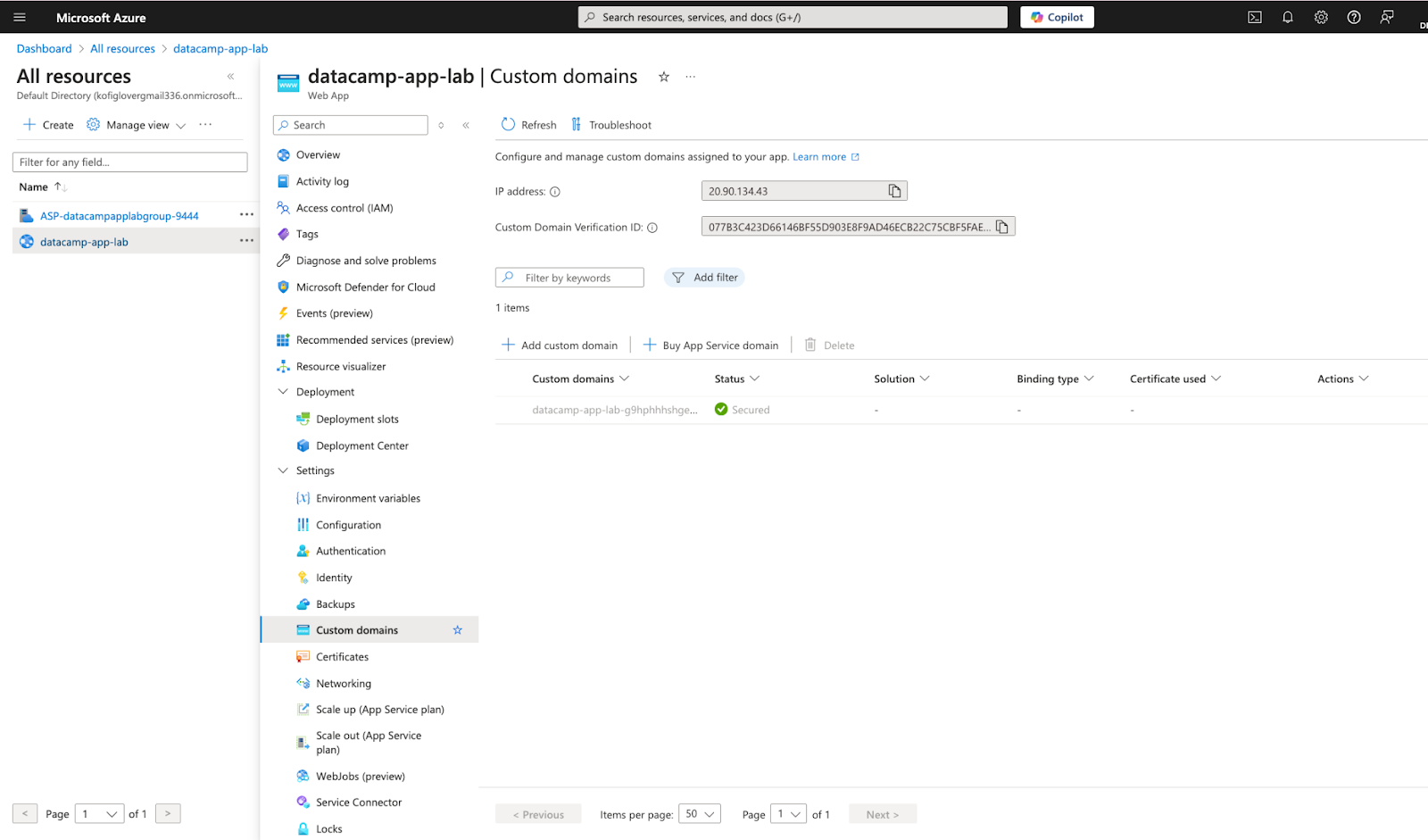 Configuração de domínios personalizados no portal do Serviço de Aplicativo.