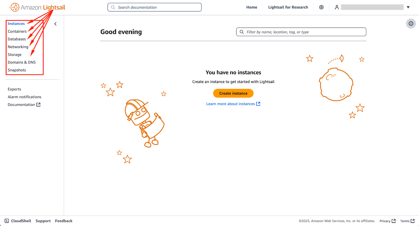 La console AWS Lightsail avec différentes options dans la barre latérale gauche.