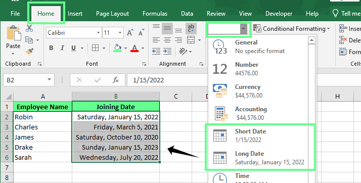 Modification du format de la date à l'aide du groupe Nombre dans l'onglet Accueil dans Excel.