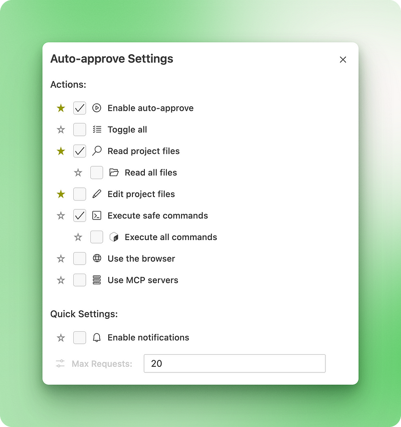 Cline's auto-approve settings interface showing granular permission controls for AI actions