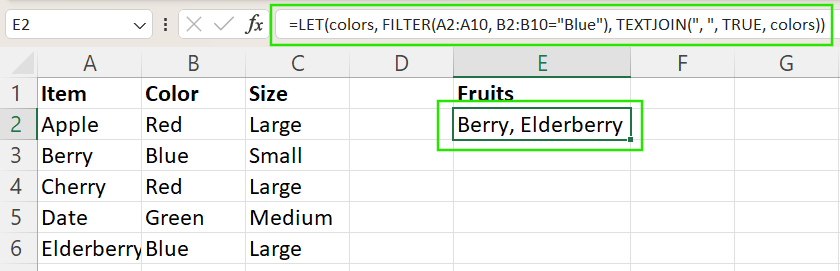 Using LET(), FILTER(), TEXTJOIN() to avoid #SPILL! error