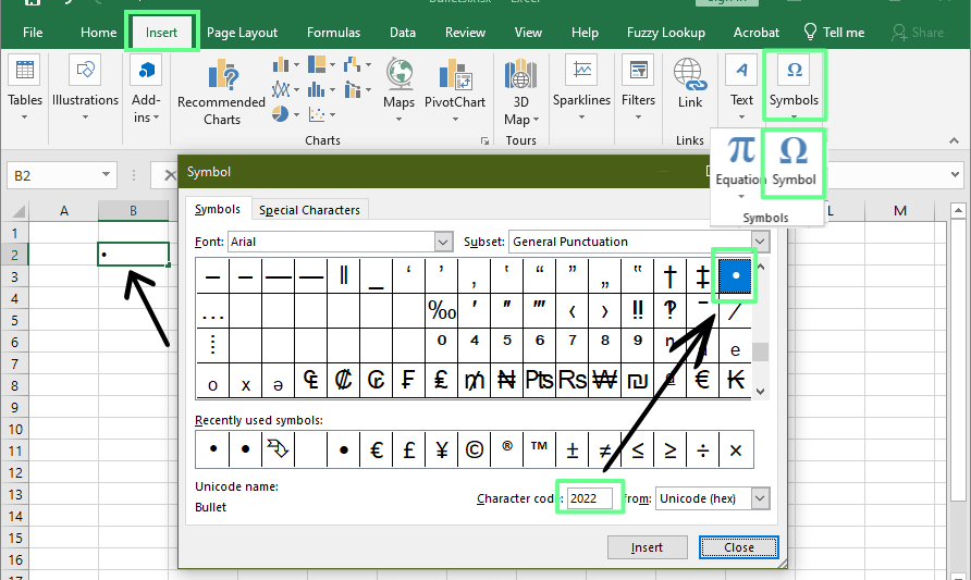 Añadir viñetas con el método Símbolo en Excel