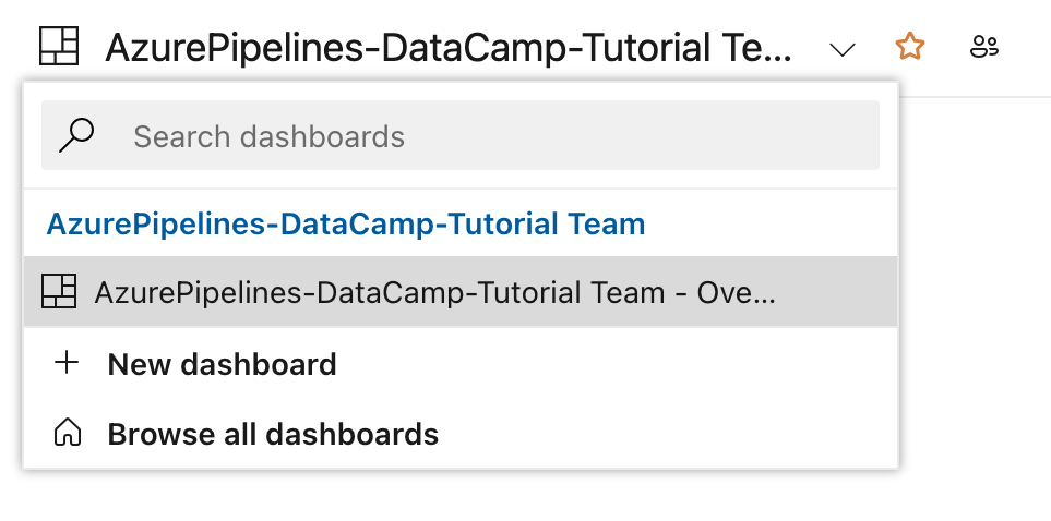 L'interface Azure DevOps montre l'option de créer un nouveau tableau de bord ou de sélectionner un tableau de bord existant dans la section Tableaux de bord.