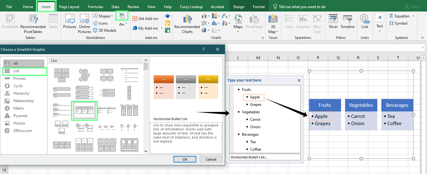 Insertar viñetas utilizando una herramienta gráfica SmartArt en Excel