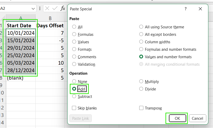 How to use Paste to add days to a date in Excel.