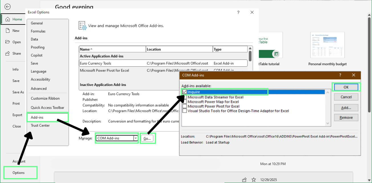 Enabling the Inquiry add-in in Excel.