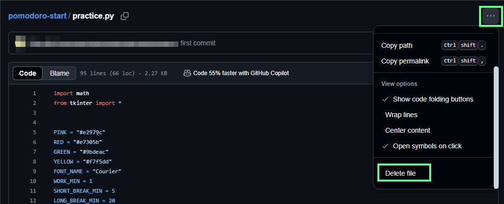 Deleting the file in the GitHub web interface