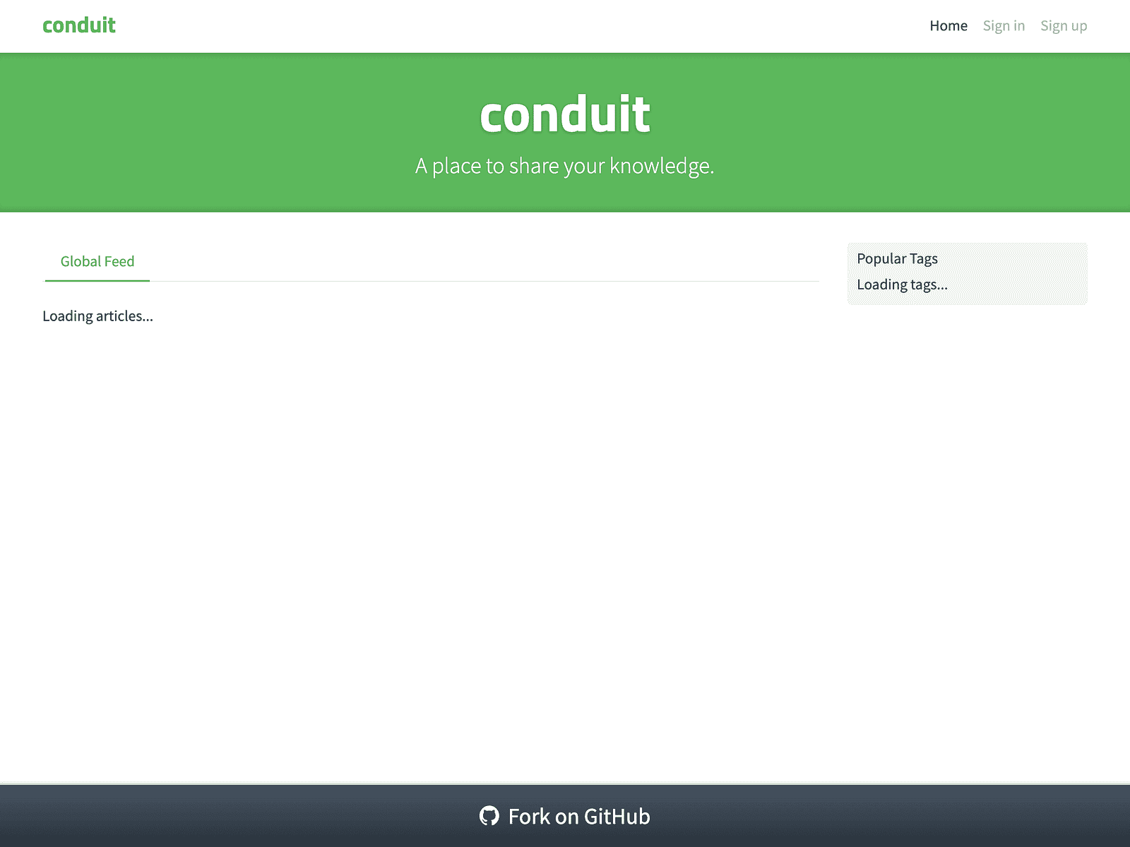 Conduit homepage displaying 'Loading articles...' message in main content area and 'Loading tags...' in sidebar due to blocked API requests from CORS policy violations